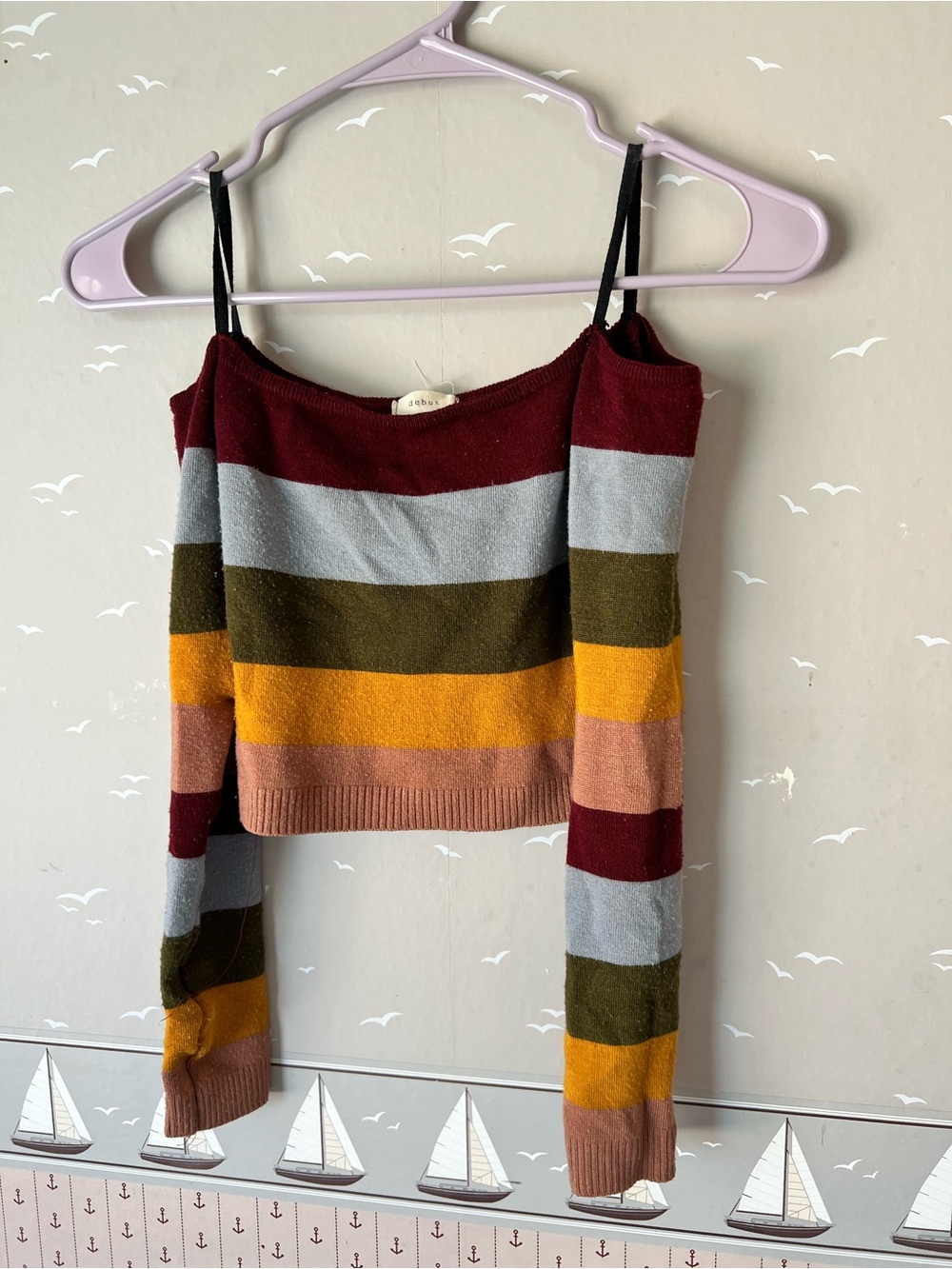 Striped Off-Shoulder Crop Sweater in Burgundy, Mustard & Olive